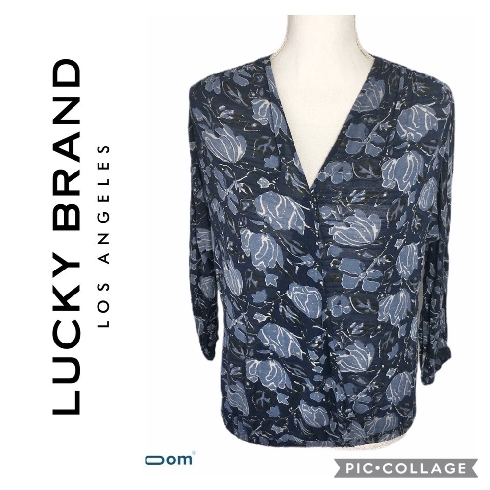 Lucky Brand 100% Viscose Wrap Front Blouse Small Top Blue Gray